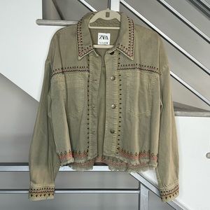 Zara Embroidered Cropped Olive Overshirt in Size Large